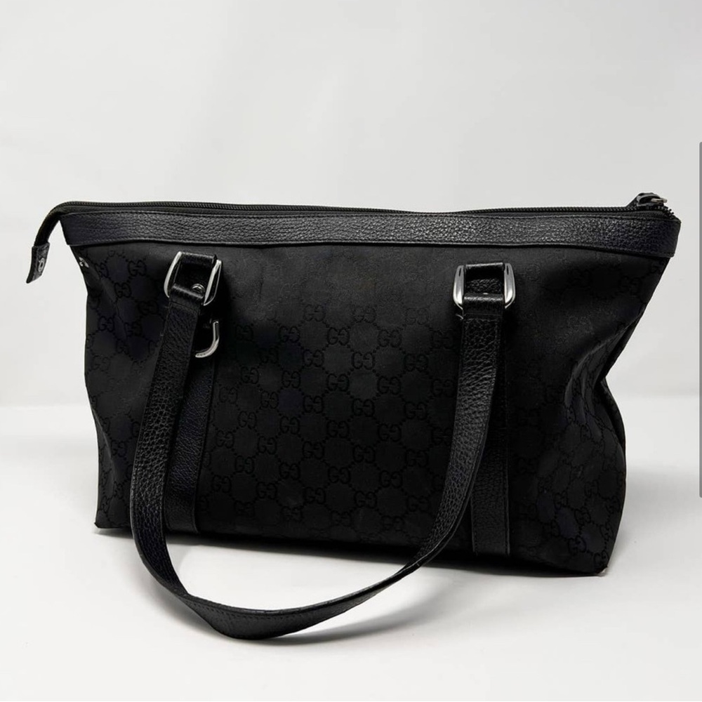 Gucci Black GG Logo Canvas Abbey Shoulder Zip Top Tote Bag Leather Trim